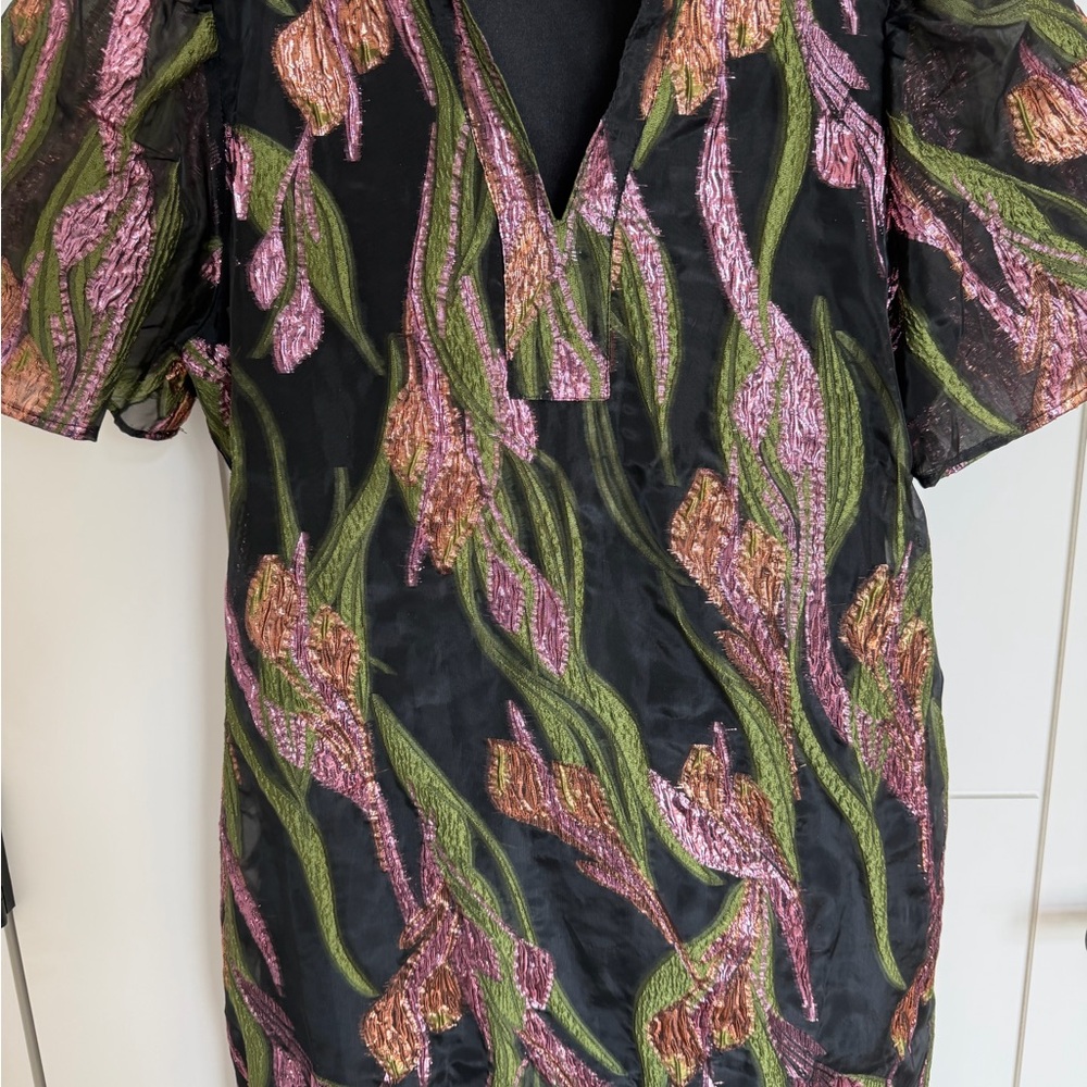THML Midnight in London Black Mini Dress with Vibrant Leaf Design - Picture 3 of 4